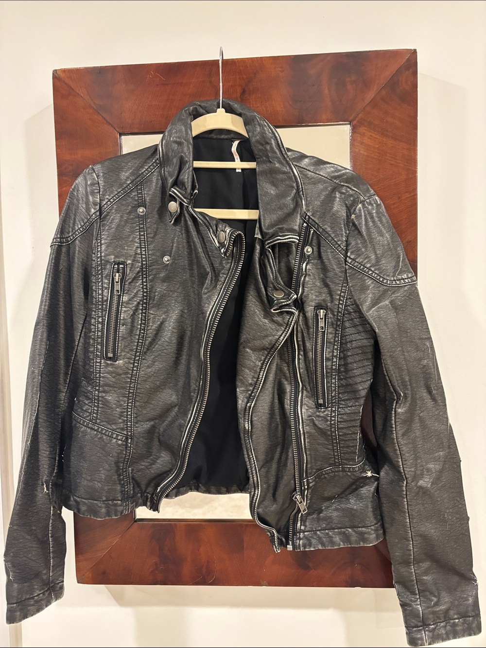 Free People Black Faux Leather very distressed Moto Jacket size 6